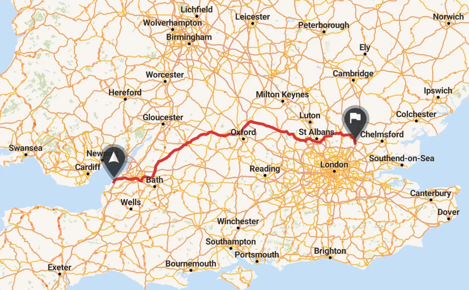 Plan B Route from Romford to Cheddar Gorge